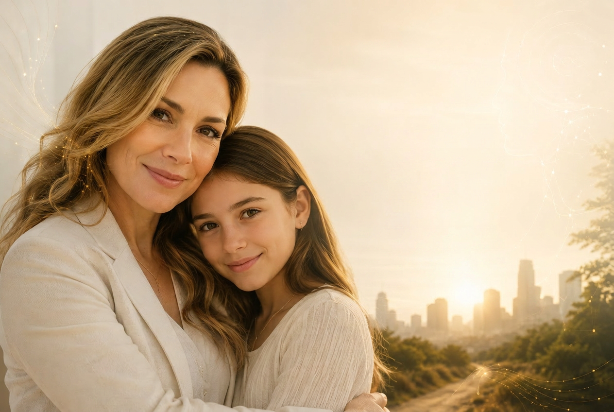 A mother and daughter embracing at sunset, symbolizing hope and personal recovery