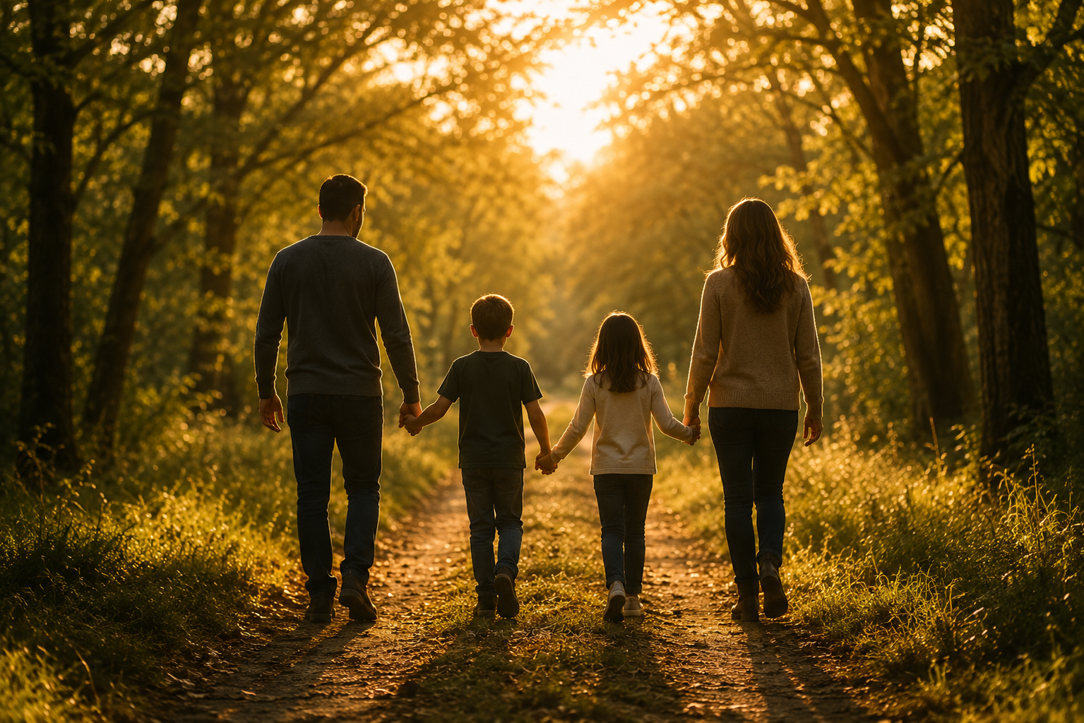 A family walking together down a sunlit path, holding hands