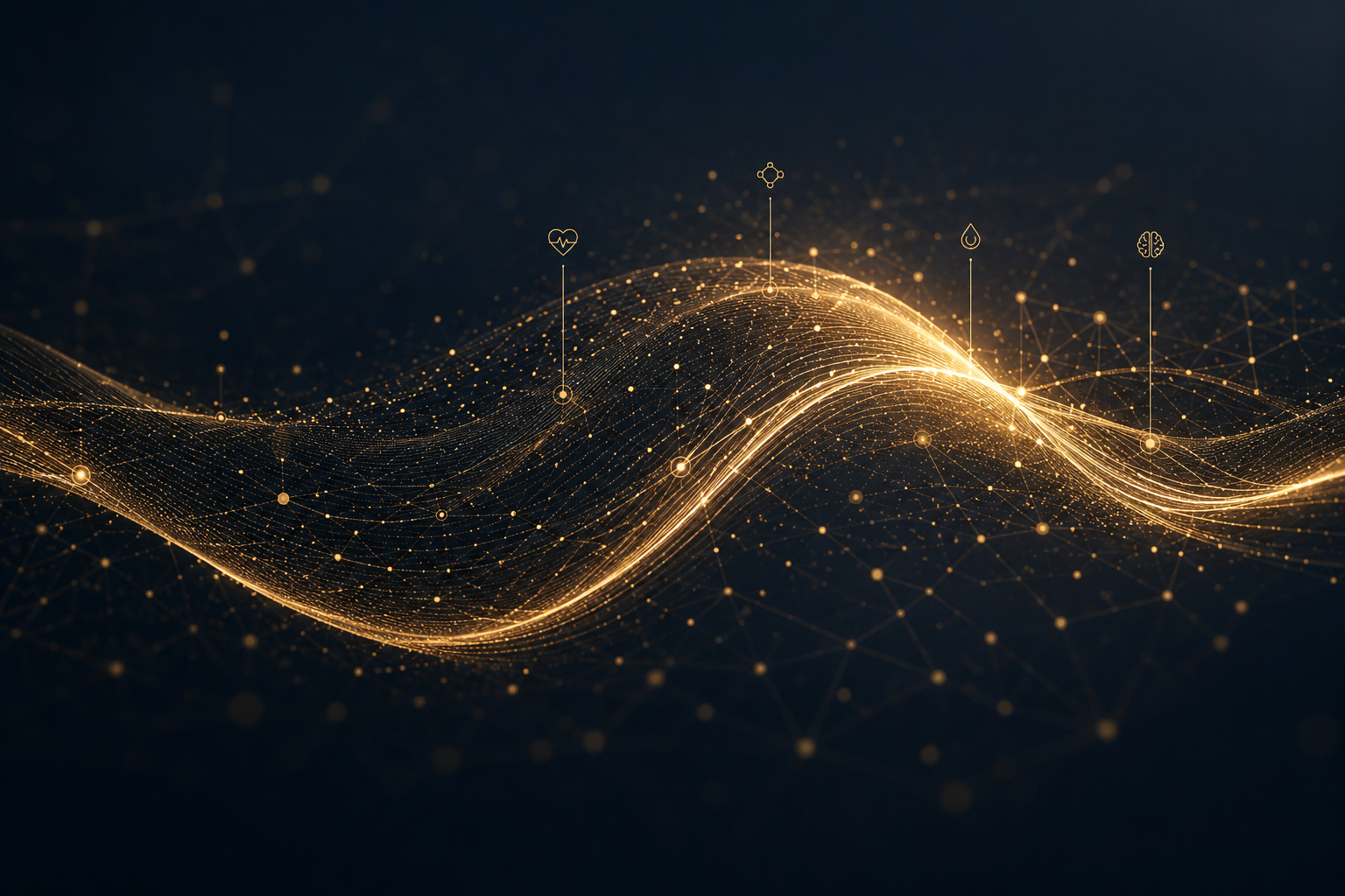 Gold biomarker wave with heart, molecule, droplet, and brain icon callouts